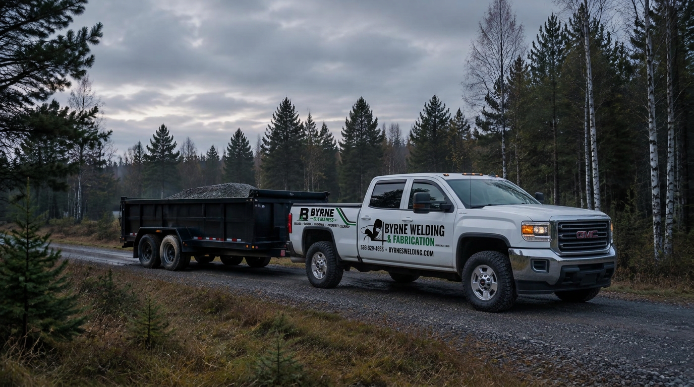White Byrne GMC Sierra truck towing a loaded dump trailer on a gravel road in Northern Michigan woods